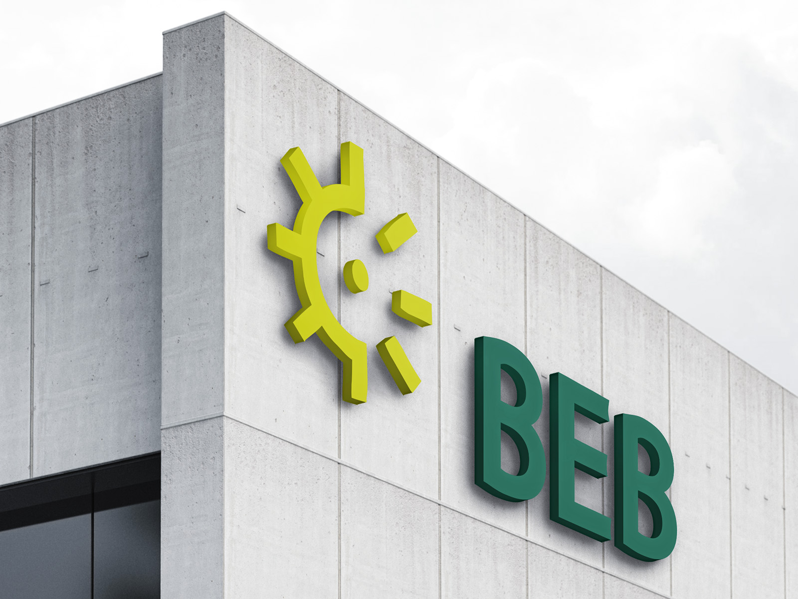 BEB Logo als 3D-Schriftzug an Gebäudefassade
