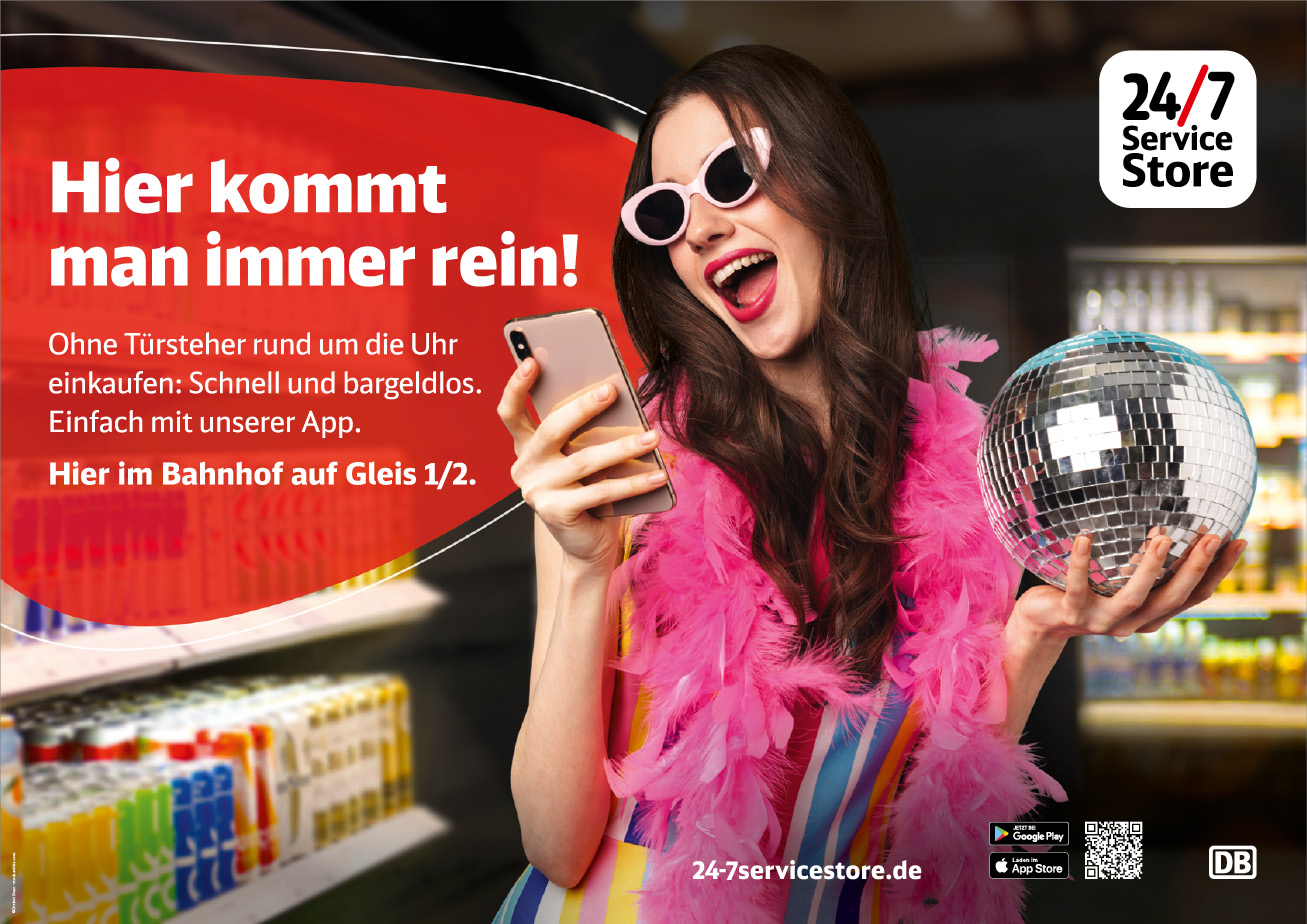 Plakat: Frau mit Federboa, Smartphone und Discokugel, Headline: Hier kommt man immer rein!
