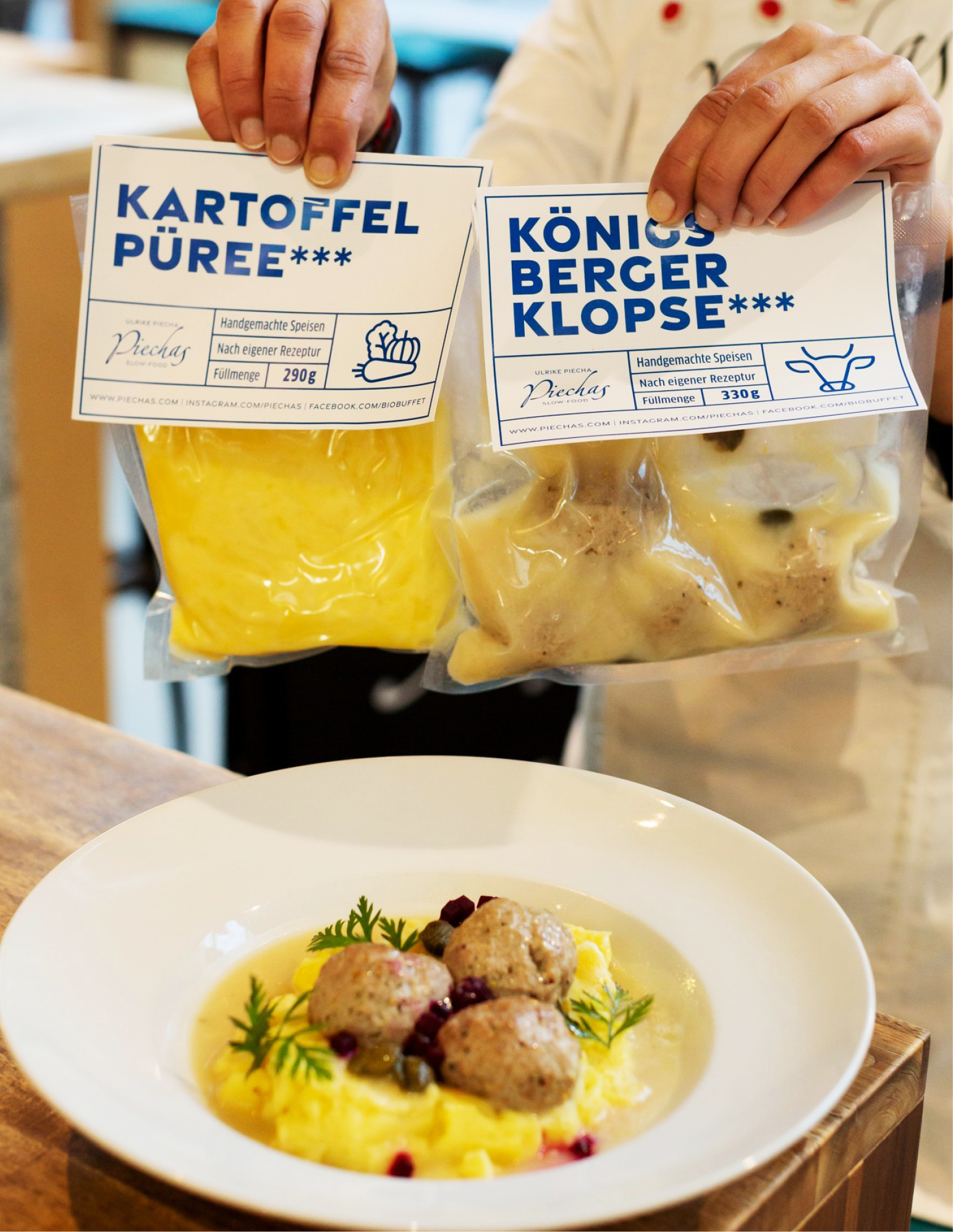 Königsberger Klopse mit Kartoffelpüree als Tellergericht und als Fertiggericht zum Mitnehmen