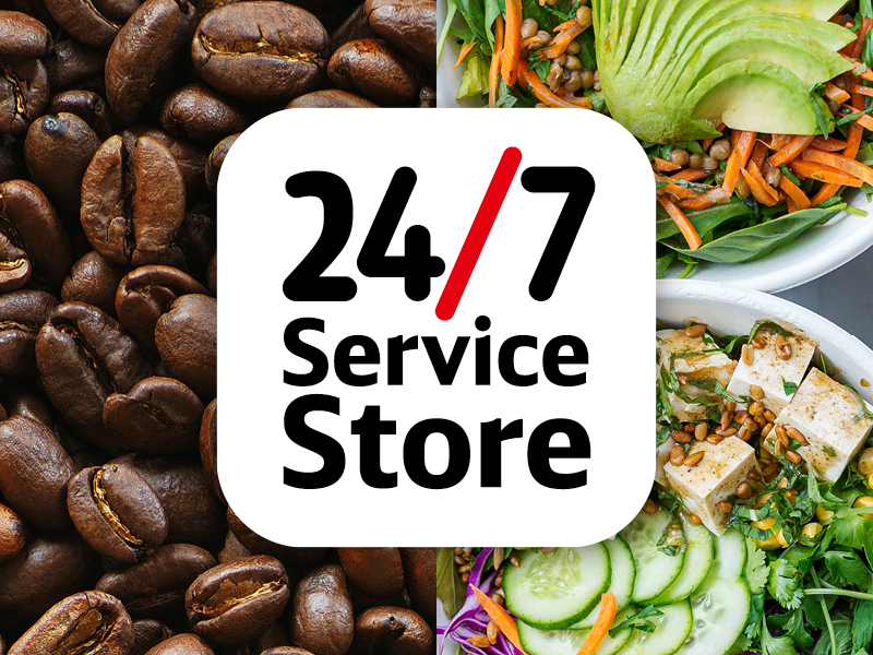24/7 ServiceStore Logo auf Hintergrundfotos mit Kaffeebohnen und Salaten