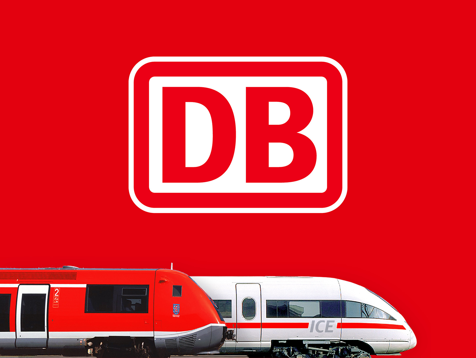 Deutsche Bahn Logo mit Regionalzug und Fernverkehrszug auf rotem Hintergrund