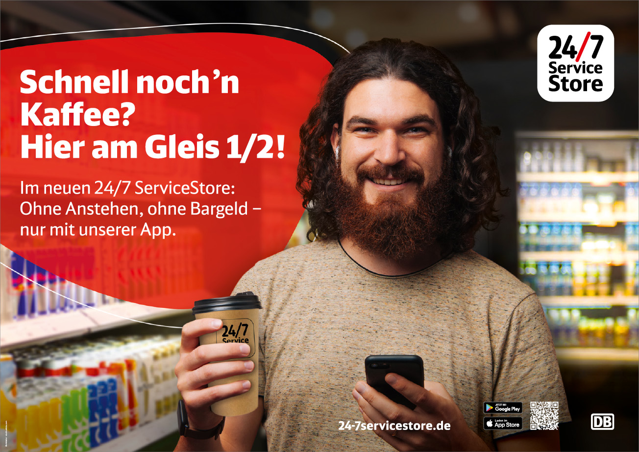 Plakat: Bärtiger Mann mit Smartphone und Getränkebecher, Headline: Schnell noch’n Kaffee?