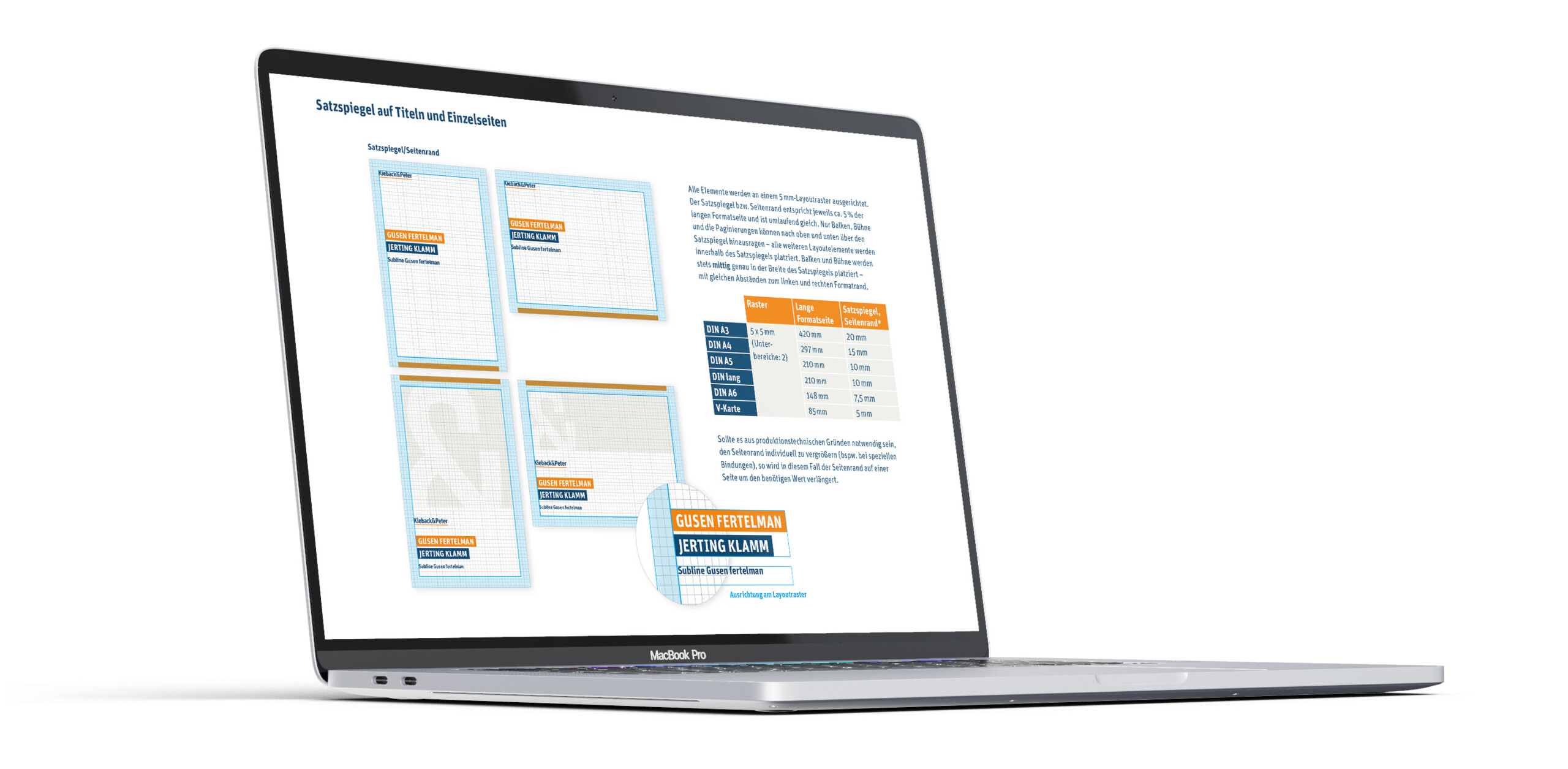 Laptop mit Styleguide-Seite zum Thema Satzspiegel