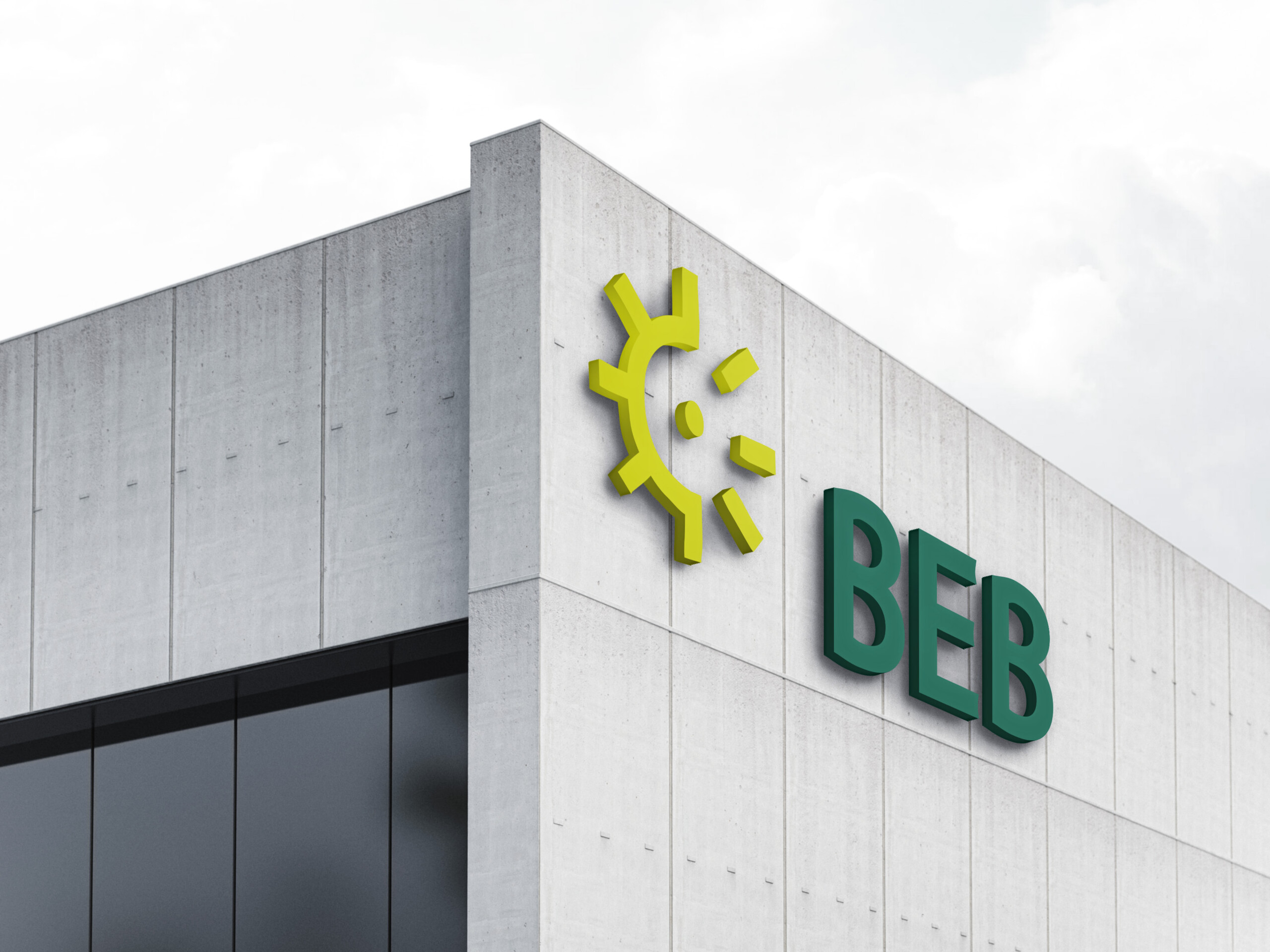 BEB Logo als 3D-Schriftzug an Gebäudefassade