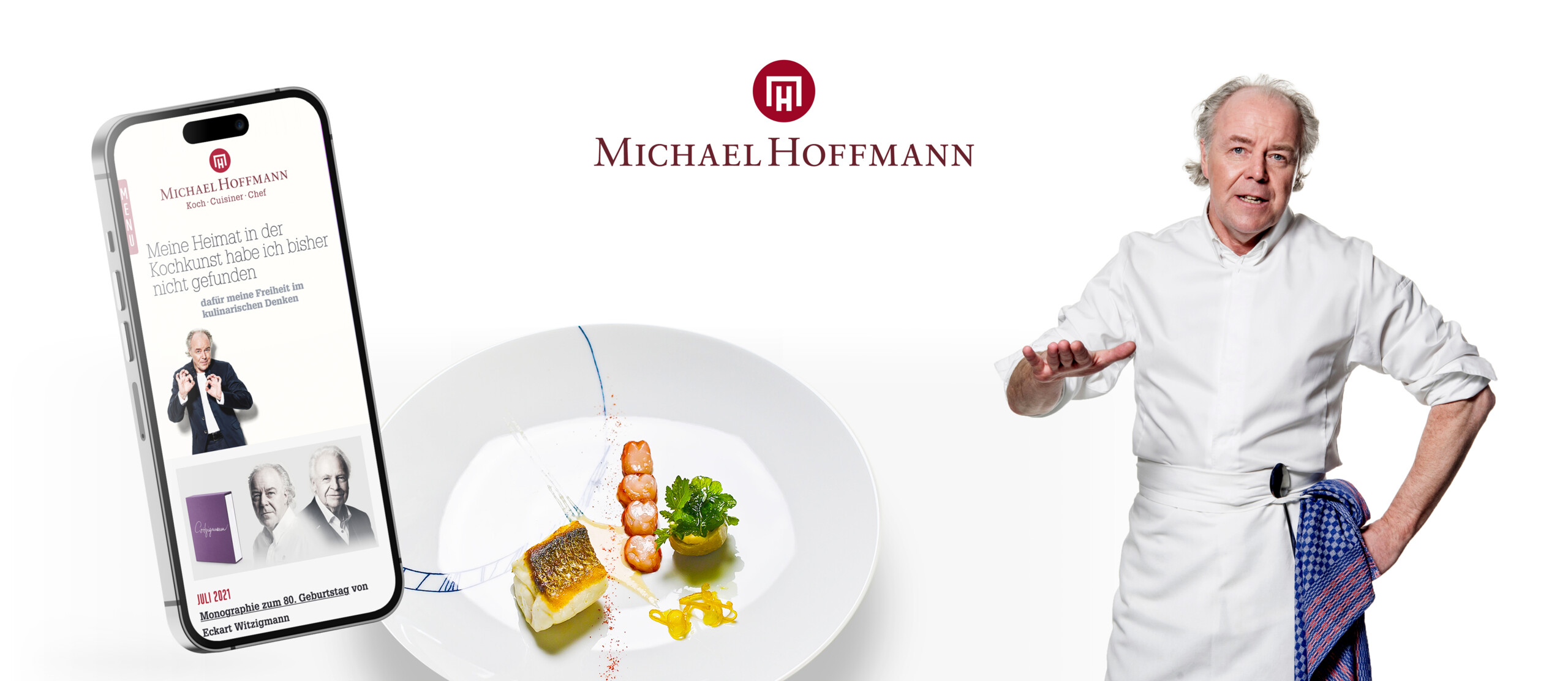 Sternekoch Michael Hoffmann, Logo, Website und Gericht auf weißem Teller