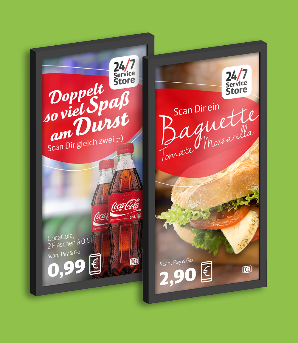 Infoscreens mit Angebotskommunikation im 24/7 Kampagnendesign