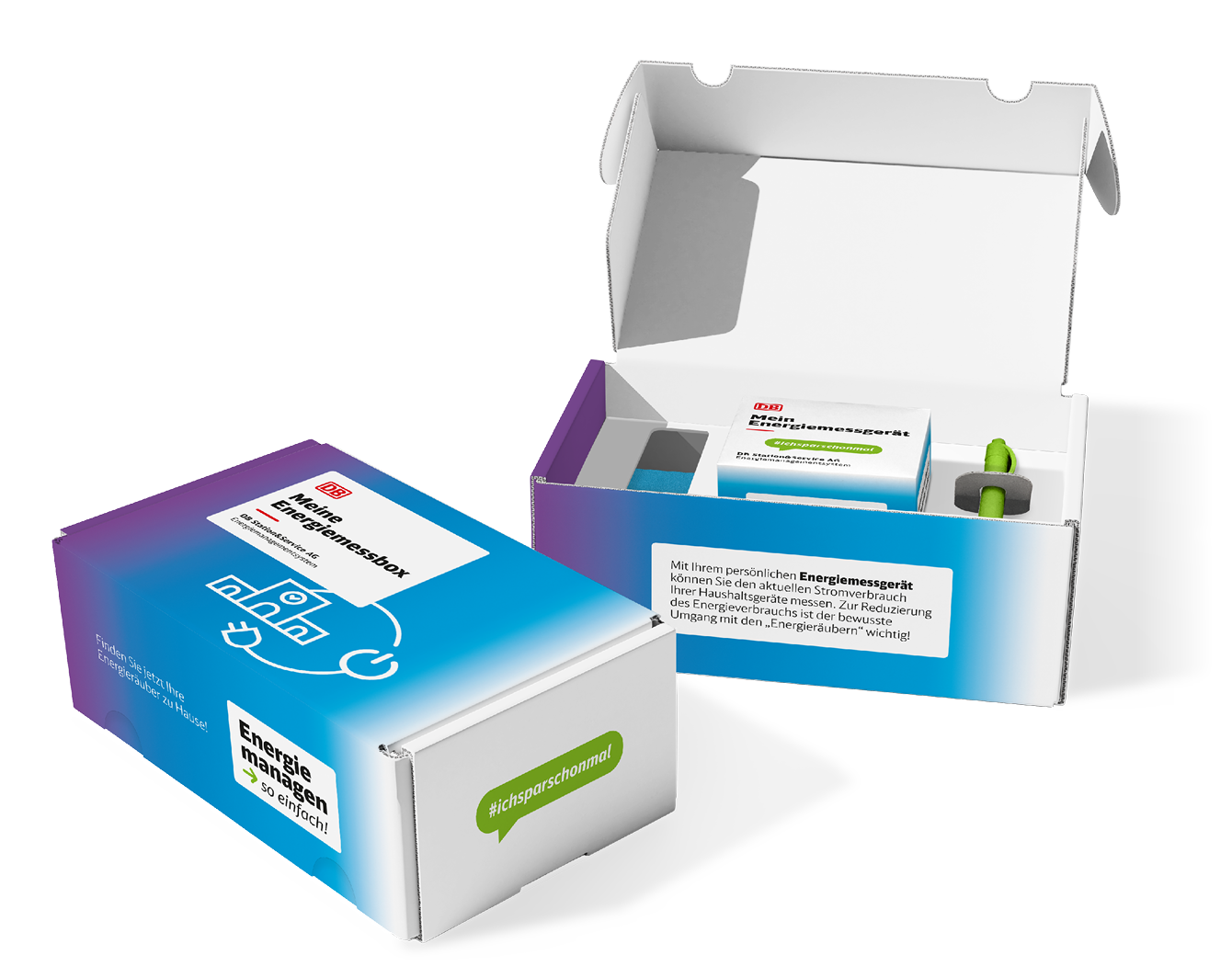 Energiemessbox samt Inhalt: Energiemessgerät, Kugelschreiber und Energiespar-Notizbuch