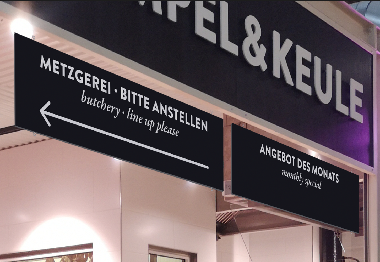 Marktstand-Beschilderung zur Wegeleitung und Angebotskennzeichnung, Bildwechsler